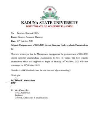 KASU postpones second semester undergradute examination, 2022/2023 session