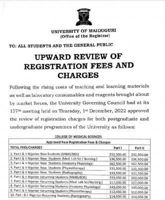 UNIMAID upward review of registration fees and charges