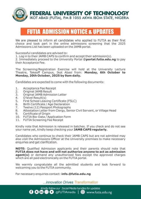 FUTIA admission list for 2025/2026 session out