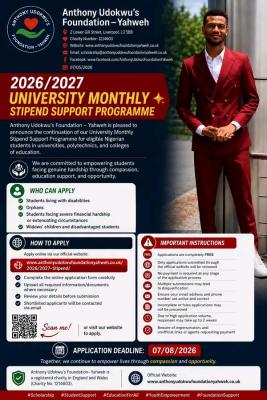 Anthony Udokwu's Foundation-Yahweh 2026/2027 Stipend Award Application