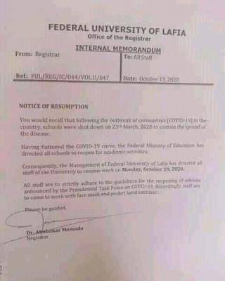 FULAFIA issues notice of resumption to staff