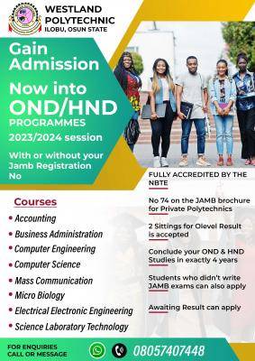 Westland Polytechnic, Ilobu, Osun State Commences Admission, 2024/2025