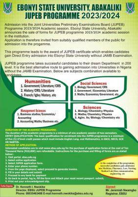 EBSU JUPEB admission form for 2023/2024 session
