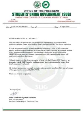 Sa'adatu Rimi College of Education SUG notice to students