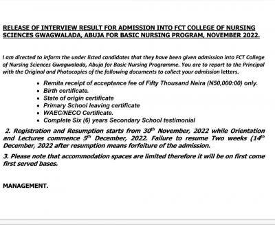 FCT College of Nursing Basic Nursing Admission List
