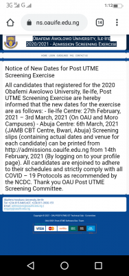 OAU new dates for post-UTME screening exercise for 2020/2021 session