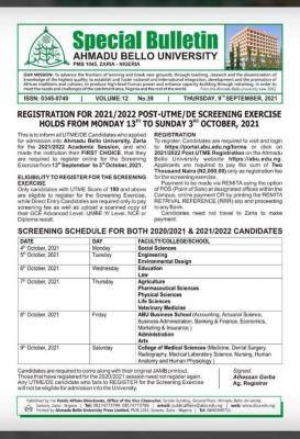 ABU Post-UTME/DE 2021: cut-off mark, eligibility and registration details