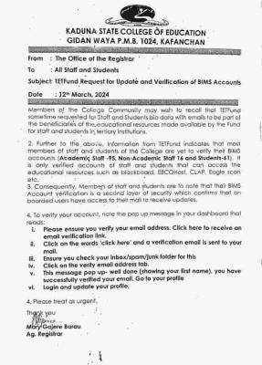 Kaduna State COE notice on updating of BIMS account