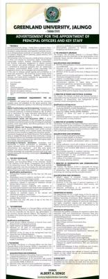 Greenland University, Jalingo announces for the position of Vice-Chancellor, Registrar & other senior positions