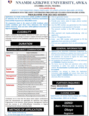 UNIZIK JUPEB programme admission form for 2021/2022 session