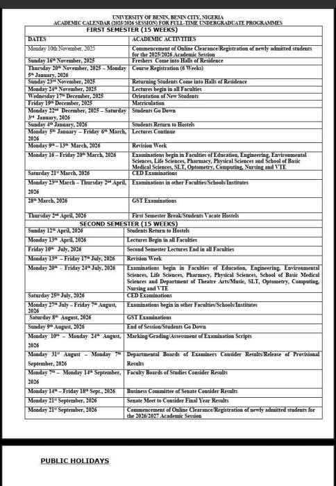 UNIBEN academic calendar for full-time undergraduate students, 2025/2026 session