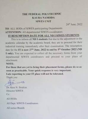 Fed Poly Kaura resumption date for all ND I SIWES students