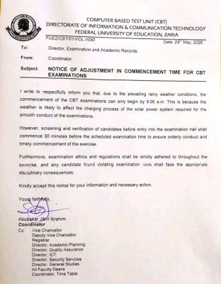 Federal University of Education, Zaria update on adjustment of CBT exam time