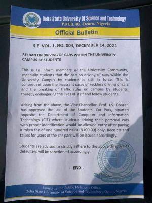 Delta University Ozoro Ban driving of cars on campus