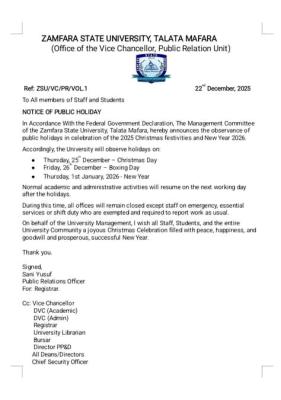 Zamfara State University announces Christmas and New Year Public Holidays