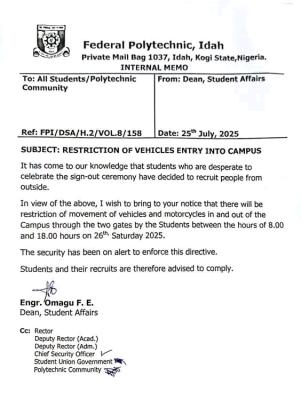 Federal Polytechnic, Idah issues notice on restrictions of vehicles in campus