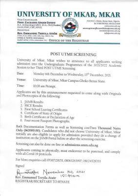 University of Mkar 3rd Batch Post-UTME screening exercise, 2021/2022