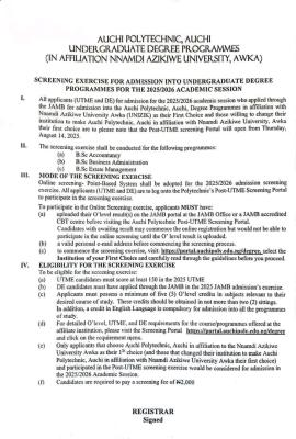 Auchi Poly (affiliated to UNIZIK) Post-UTME 2025: Cut-off mark, eligibility and registration details