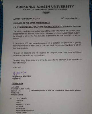 AAUA notice on first semester examination 2020/2021