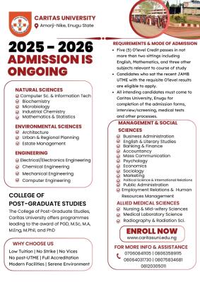 Caritas University Post UTME 2025: Cut off mark, eligibility and registration details
