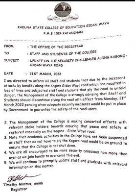 Kaduna COE notice to staff and students on security