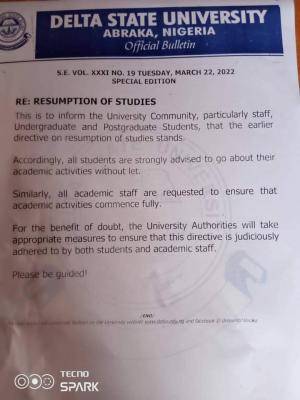 DELSU update on resumption of academic activities