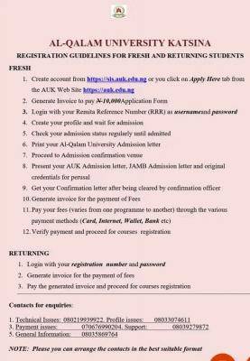 Al-Qalam University Registration Guidelines for Fresh and Returning students