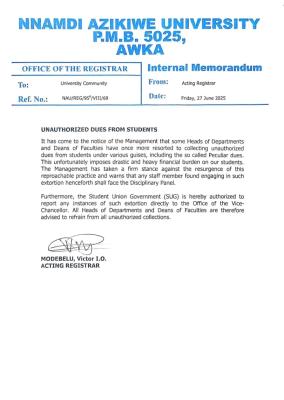 UNIZIK warns against collection of unauthorized dues from students