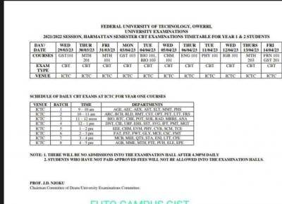 FUTO CBT exam timetable for year 1 & 2 students, Harmattan Semester, 2021/2022