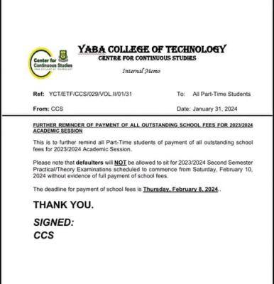 YABATECH notice to Part-time students on deadline for payment of school fees