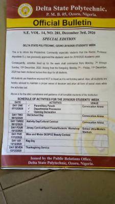 Delta State Poly Ozoro students' week schedule for 2019/2020 session