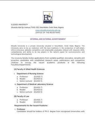 ELizade University announces academic staff vacancies