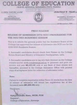 College of Education, Akwanga NCE admission list, 2022/2023