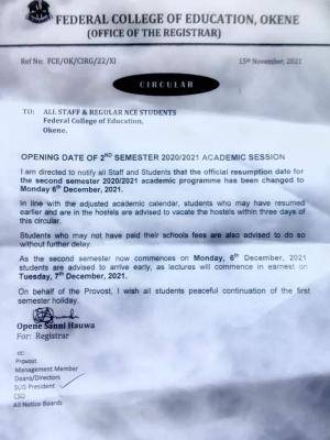 FCE, Okene 2nd semester resumption date, 2020/2021