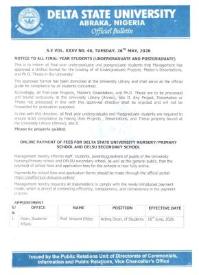 DELSU notice to Final Year Undergraduate, Postgraduate Students