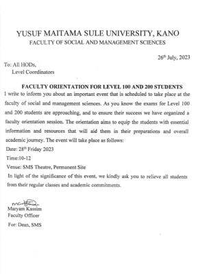 YUMSUK Faculty of Social Science and Management orientation programme for 100L & 200L students