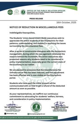 Kwara Poly SUG notice of reduction in miscellaneous fees