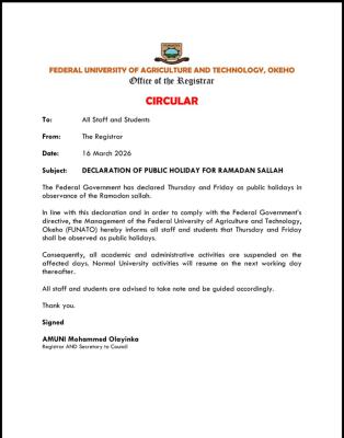 FUNATO declares public holiday for Ramadan Sallah
