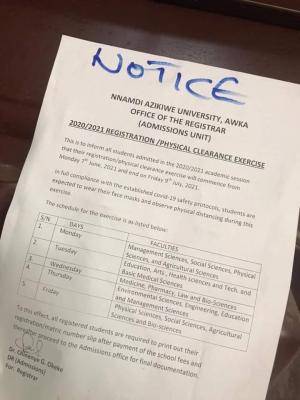 UNIZIK begins physical clearance exercise for 2020/2021 admitted students