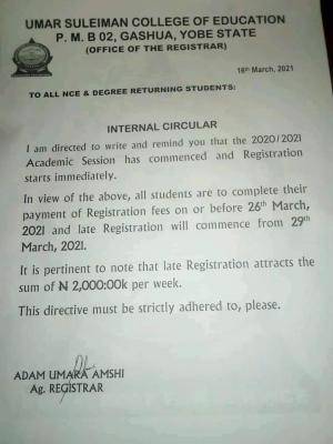 Umar Suleiman College of Education notice on Registration deadline, 2020/2021