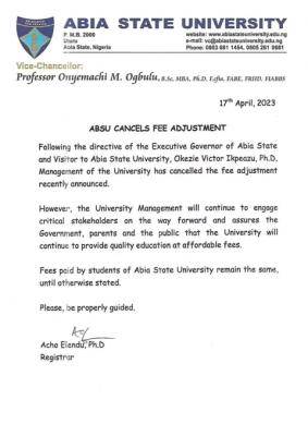 Abia State University cancels proposed fee adjustment