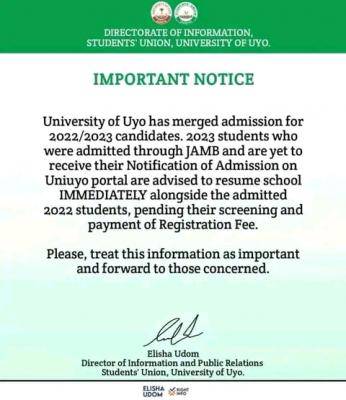 UNIUYO SUG notice 2023 admitted students yet to receive notification of admission on school's portal