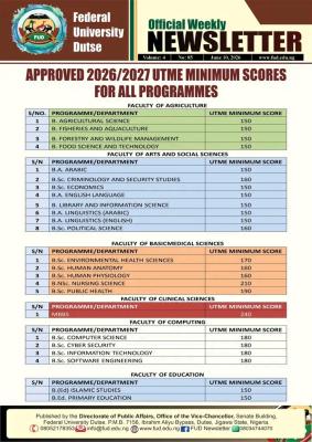 FUDUTSE releases approved admission cut-off marks, 2026/2027