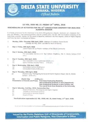 DELSU reschedules 18th Convocation Ceremony