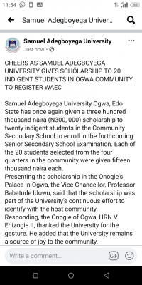 SAU donates N300,000 to 20 students in Ogwa Community for WAEC registration