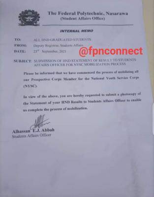 Fed Poly Nasarawa notice to graduated students on NYSC mobilization