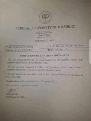 FUKashere notice to students on production of ID cards
