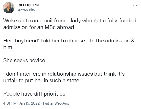 Masters student on a fully-funded scholarship on a crossroad as her boyfriend threatens to leave her if she accepts the offer