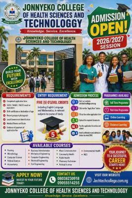 Jonnyeko College of Health Sciences & Tech. Ogun releases Admission form, 2026/2027