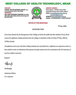 NKST College of Health Tech. Mkar announces first aptitude test date, 2026/2027